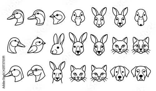 Cute Animal Face Outline Icons Featuring Duck Rabbit Cat Dog Fox and Bird Characters