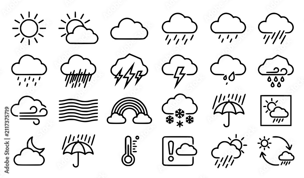 Obraz premium Weather Line Icon Collection Featuring Sun Clouds Rain Snow Storm Temperature and Forecast Symbols