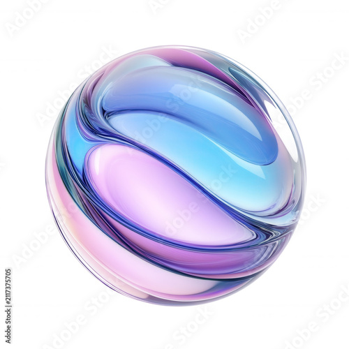 Abstract glass sphere creating a vibrant blue and purple flowing wave pattern on a transparent background