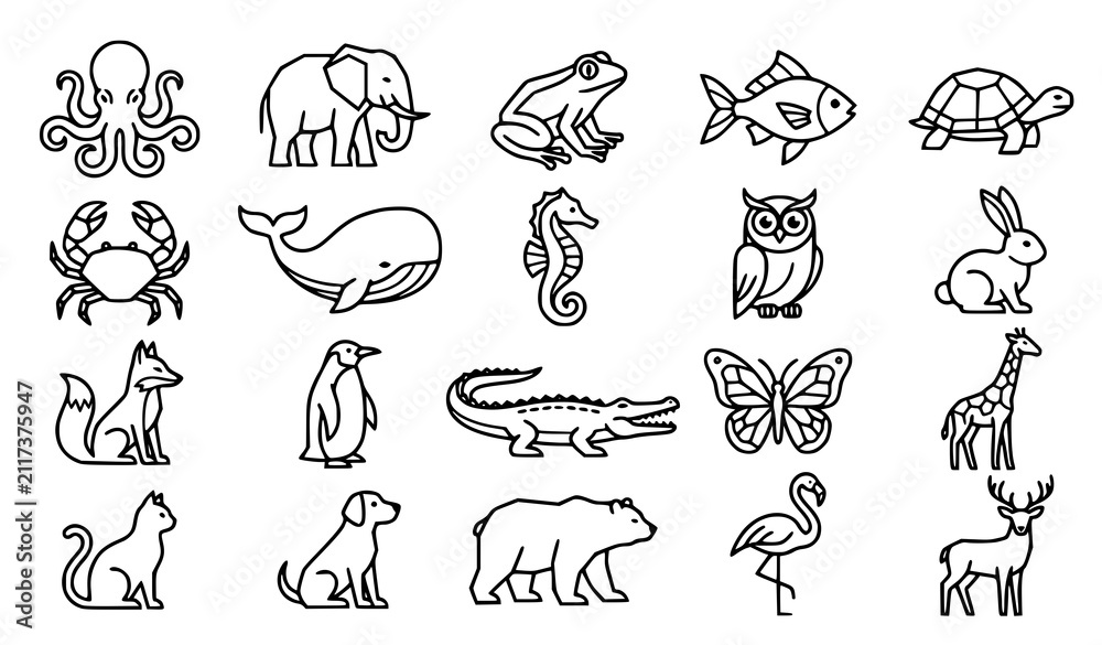 Obraz premium Wild Animal Outline Icon Collection Featuring Elephant Octopus Turtle Crocodile Fish Butterfly and Owl