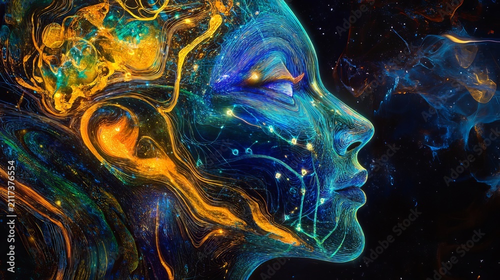 Obraz premium Abstract portrait of a human face illuminated with vibrant cosmic energy, showcasing the intricate beauty of the mind and inner thoughts