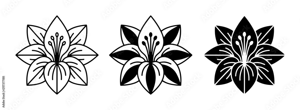 Fototapeta premium Elegant Floral Vector Icons, Stylized Lily Flower Graphics, Botanical Line Art Designs, Black and White Decorative Elements