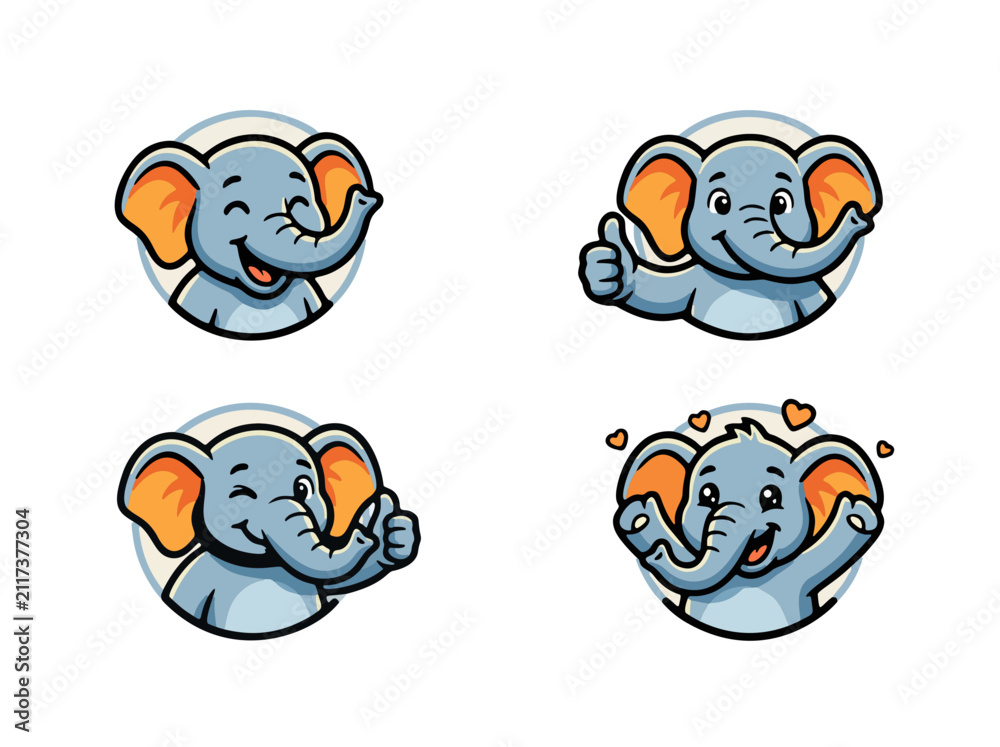 Fototapeta premium Cute Elephant Emoji Sticker Set with Positive Expressions