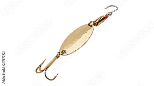 фотографія Gold metallic casting spoon fishing lure isolated on transparent background for