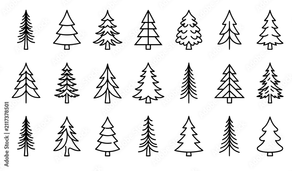 Obraz premium Minimalist Black and White Pine Tree Outline Icon Set Simple Evergreen Line Vector Illustration Isolated on White Background