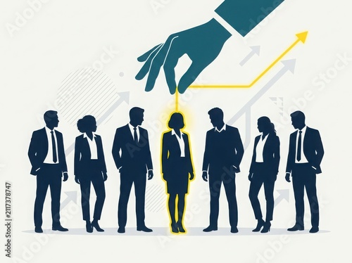 A large hand choosing a talented businesswoman from a group of professional business people for a leadership role or job promotion