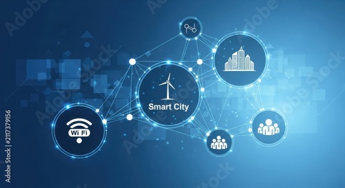 Futuristic smart city technology concept. Digital interface with data icons and connectivity symbols.