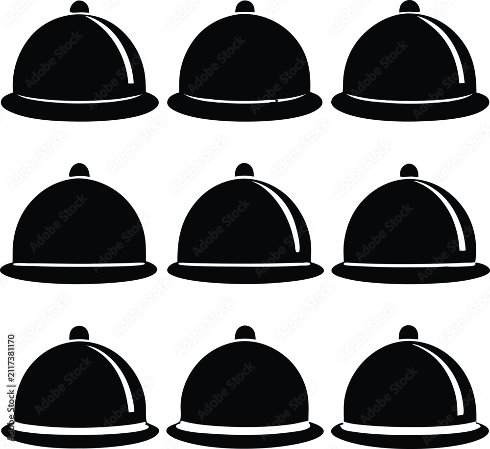 Fototapeta premium Set of black food cloche silhouettes, dome shaped serving covers for restaurant dishes, isolated on a white background