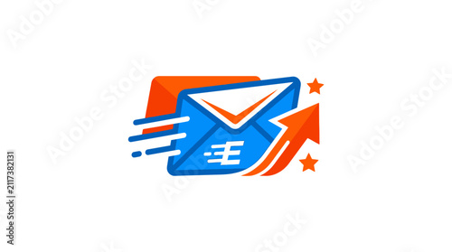 Dynamic blue email icon with orange arrow showing rapid growth and communication.