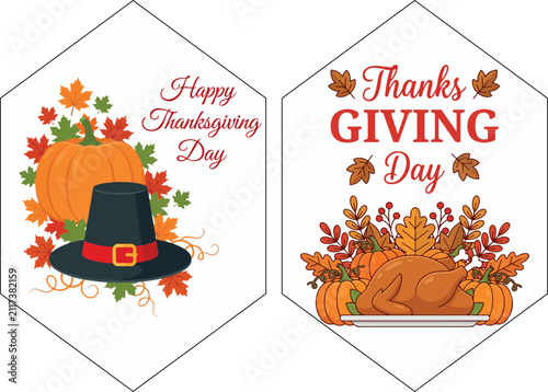 Happy Thanksgiving Day hexagonal gift tag vector design. Festive label featuring a black pilgrim hat with gold buckle, orange pumpkin, colorful autumn leaves, and cursive typography png