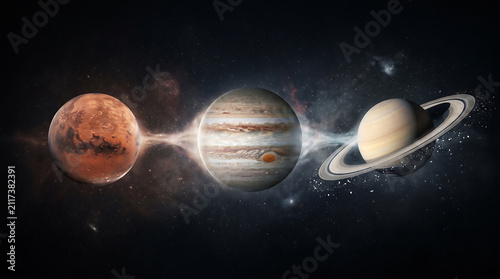 Celestial Alignment of Mars Jupiter and Saturn Featuring Glowing Energy Connections in Deep Space