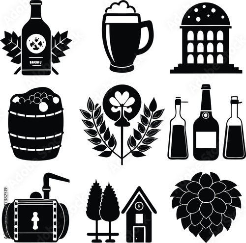 Set of nine black silhouette related to beer brewing and pub culture isolated on a plain white background, for beverage