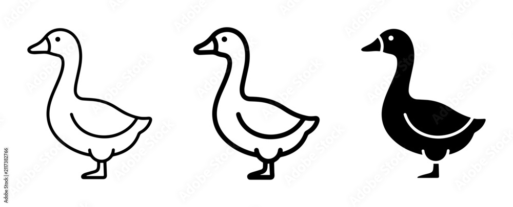 Obraz premium Simple Goose Icons, Vector Graphics, Black and White Line Art, Farm Animal Silhouettes