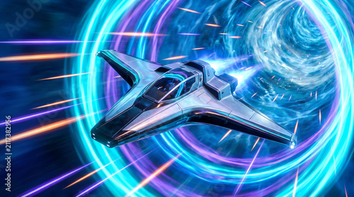 Futuristic spaceship flying through a glowing cyan hyperspace wormhole portal with light trails sci-fi concept