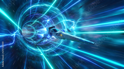 Futuristic Spaceship Traveling Through a High-Speed Quantum Warp Tunnel in Deep Space Exploration