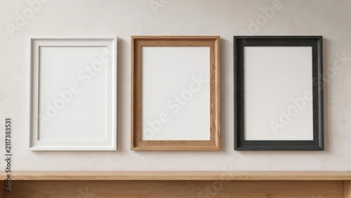 Three empty picture frames hanging on a wall.