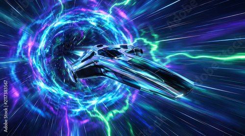 Futuristic Spaceship Traveling Through a Glowing Wormhole in Deep Space