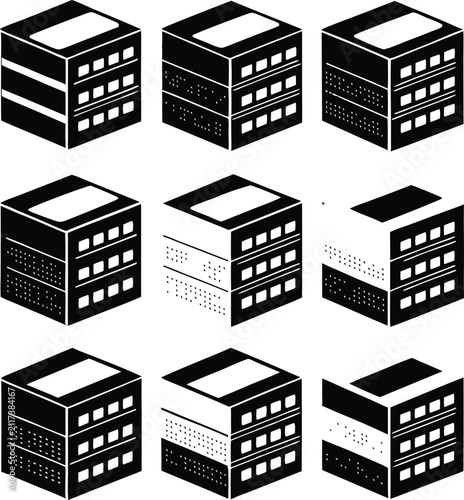 Collection of isometric building featuring multi-story office structures with grid windows isolated on a plain white background