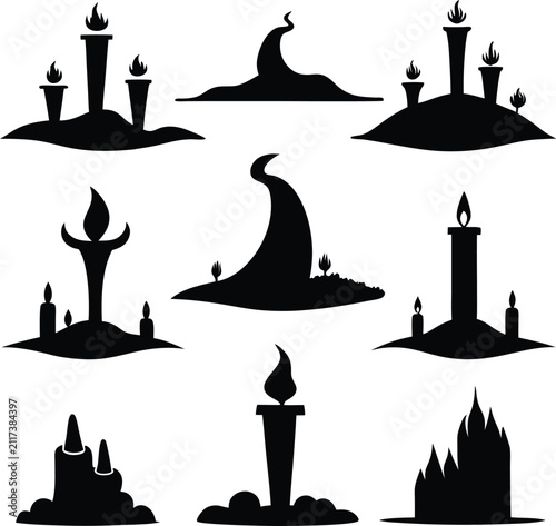 Collection of black candle silhouettes featuring various shapes of burning candles and candelabras on a plain white background for