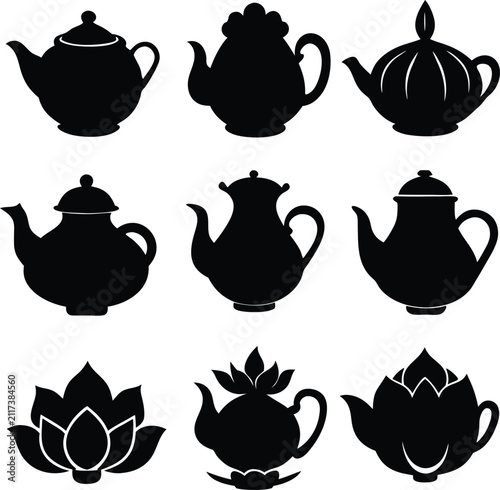 Set of black teapot silhouettes in various shapes and styles including floral and classic on a plain white background for