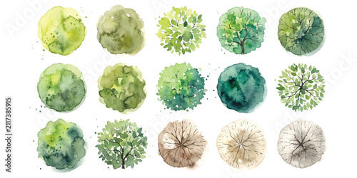 Set of watercolor tree icons for architectural landscape design top view