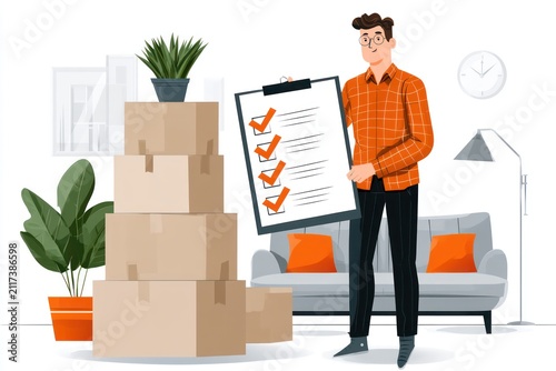 Apartment relocation planning checklist with cardboard boxes