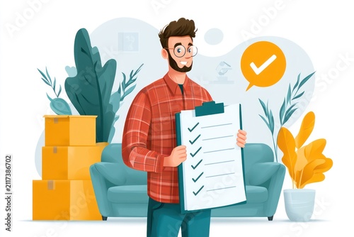 Organized moving list surrounded by packed cardboard packages