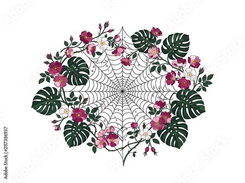 Intricate Floral Spider Web Design with Tropical Leaves.