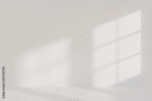 Minimalist empty room background with window shadow overlay on a white wall, sunlight on a floor template with copy space for product presentation. Sunlight with a shadow overlay effect. 3d render