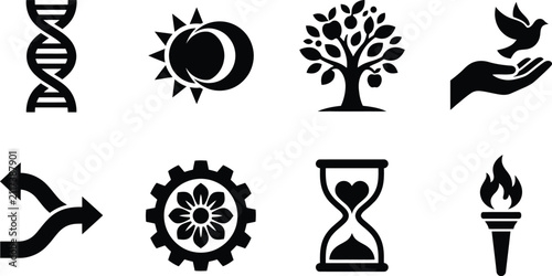 Foto Universal Metaphorical Concept Icon Set Featuring DNA Strand Solar Eclipse Tree
