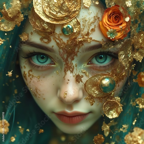 fantasy portrait of woman with intricate gold filigree and glitter accents