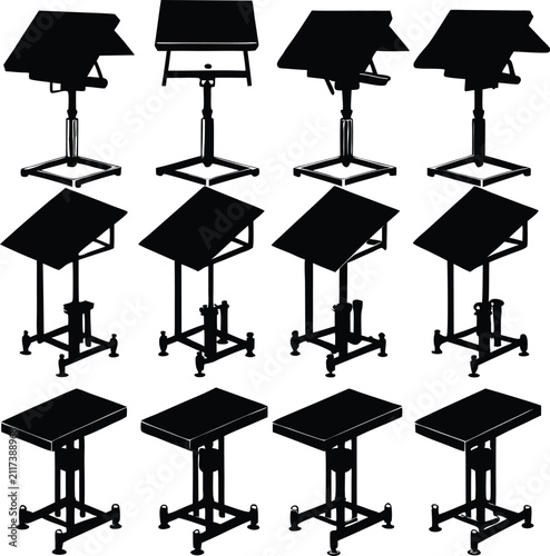 Collection of black silhouettes of adjustable drafting tables or podiums on a plain white background, for office and, studio projects