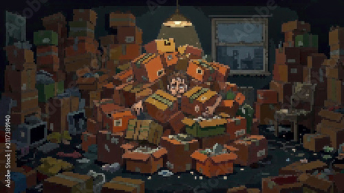 Foto Pixel art illustration of a person overwhelmed and buried under a massive pile o