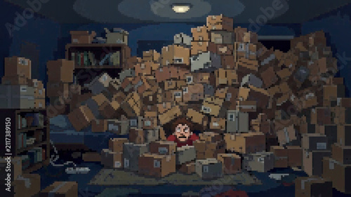 Konstfotografi Pixel art illustration of a person overwhelmed and buried under a massive pile o