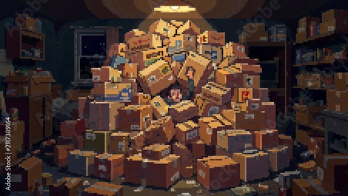 Bild auf Leinwand Pixel art illustration of a person overwhelmed and buried under a massive pile o