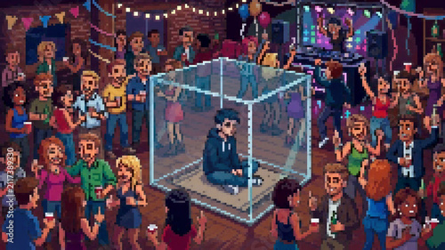 Fotografía Pixel art illustration of an isolated man inside a glass cube in a crowded party