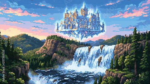 Canvas Print Pixel art illustration of a glowing magical floating castle in the sky above a s