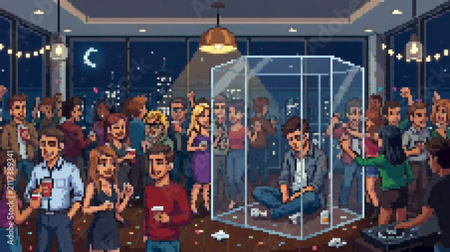Foto Pixel art illustration of a man isolated inside a glass cube in a crowded party