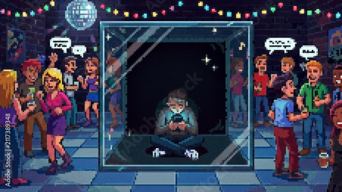 Foto Pixel art illustration of a lonely person inside a glass cube isolated from a cr
