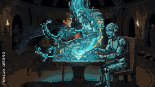 Obraz na płótnie Pixel art illustration of a hooded person and a robot interacting with a glowing