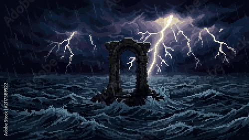 Konstfotografi Pixel art illustration of an ancient stone archway standing in a stormy sea with