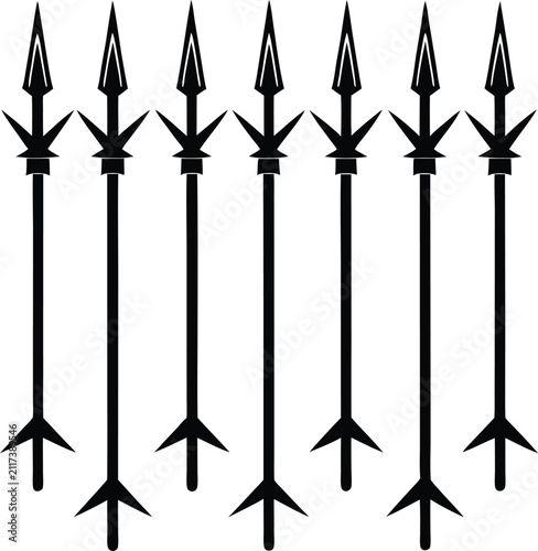Set of black spear silhouettes with sharp points and decorative shafts on a plain white background, for historical or gaming