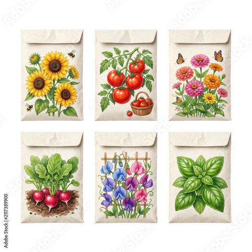 Colorful gardening seed packets. Vegetable and flower seeds for planting in home gardens.