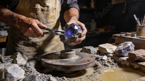 Lapidary holding raw glowing crystal with pliers over grinding wheel