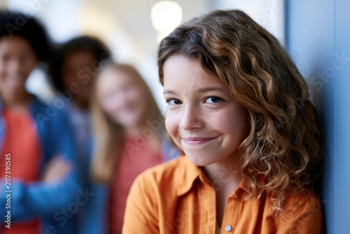 Sad schoolgirl feeling bullied in hallway