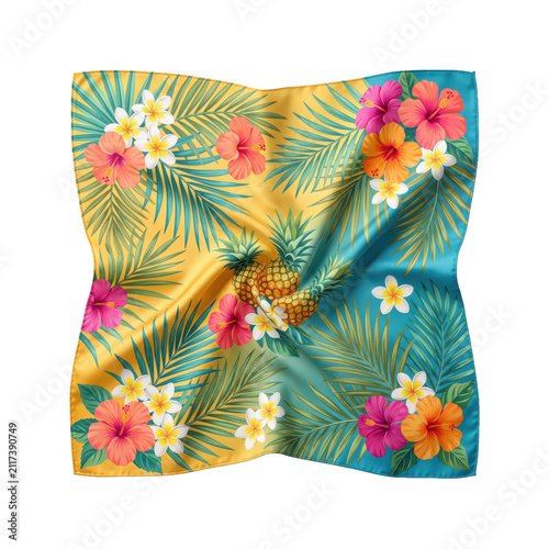 Tropical floral silk scarf isolated. Summer fashion accessory with hibiscus and palm leaves.