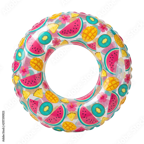 Inflatable fruit pool float. Tropical watermelon and pineapple swim ring isolated on white.