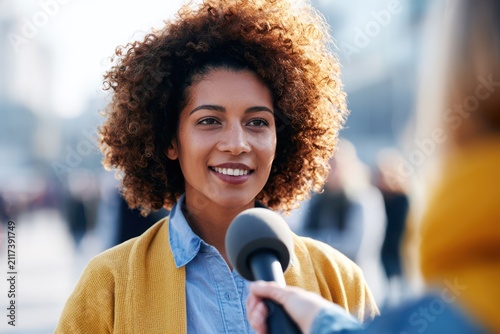 Reporter talking to public on city street