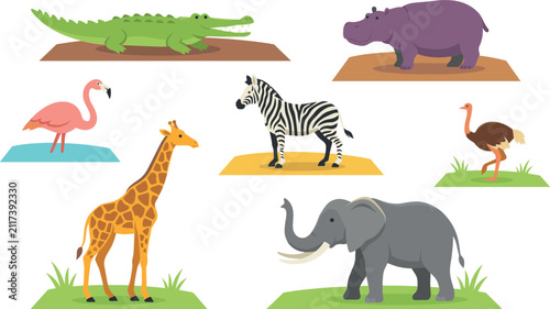 Photography Cute African Safari and Wild Animals Vector Set Featuring Giraffe, Elephant, Zeb
