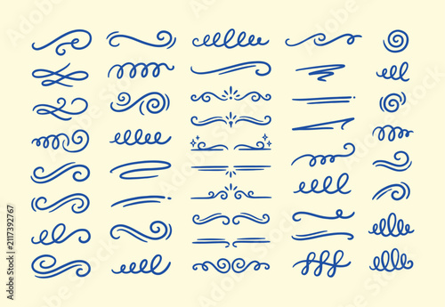 Calligraphic swoosh and flourish doodle set. Blue hand drawn swashes, curls, text dividers and ornamental decoration vector illustration.